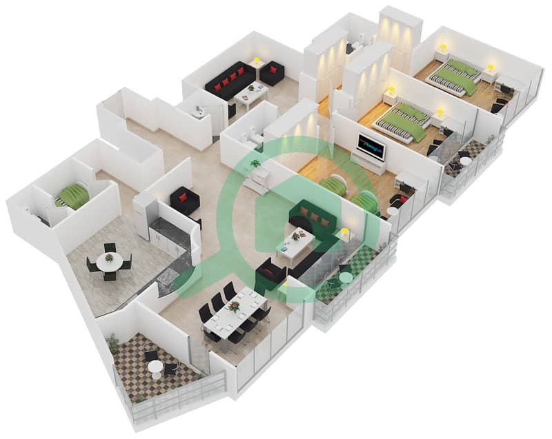 المخططات الطابقية لتصميم الوحدة A7 شقة 3 غرف نوم - مساكن O2 interactive3D