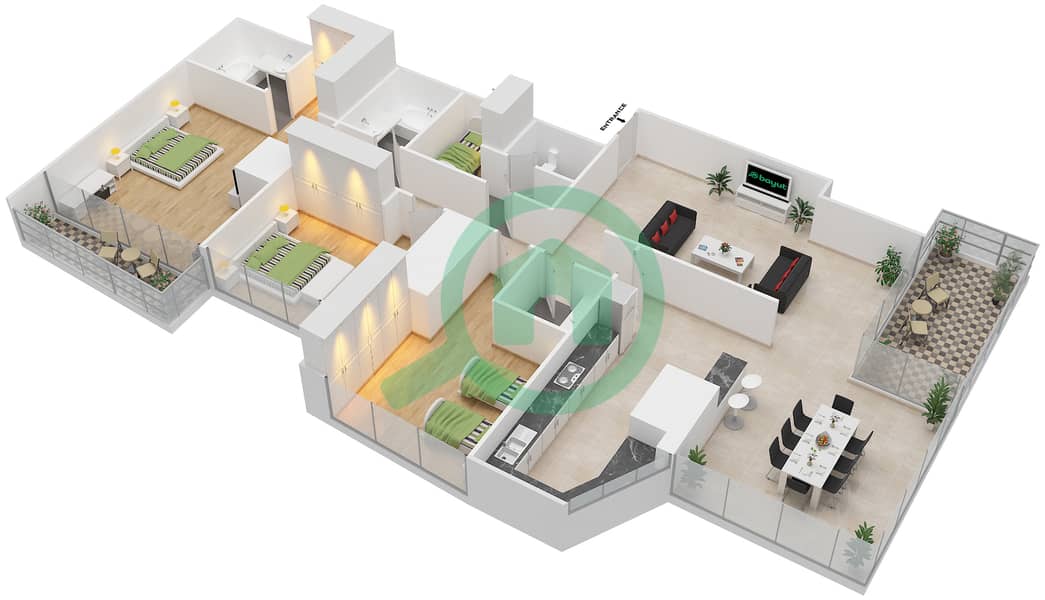 沃利奥大厦 - 3 卧室公寓单位5 FLOOR P3,4-6,9-15戶型图 Floor P3,4-6,9-15 interactive3D