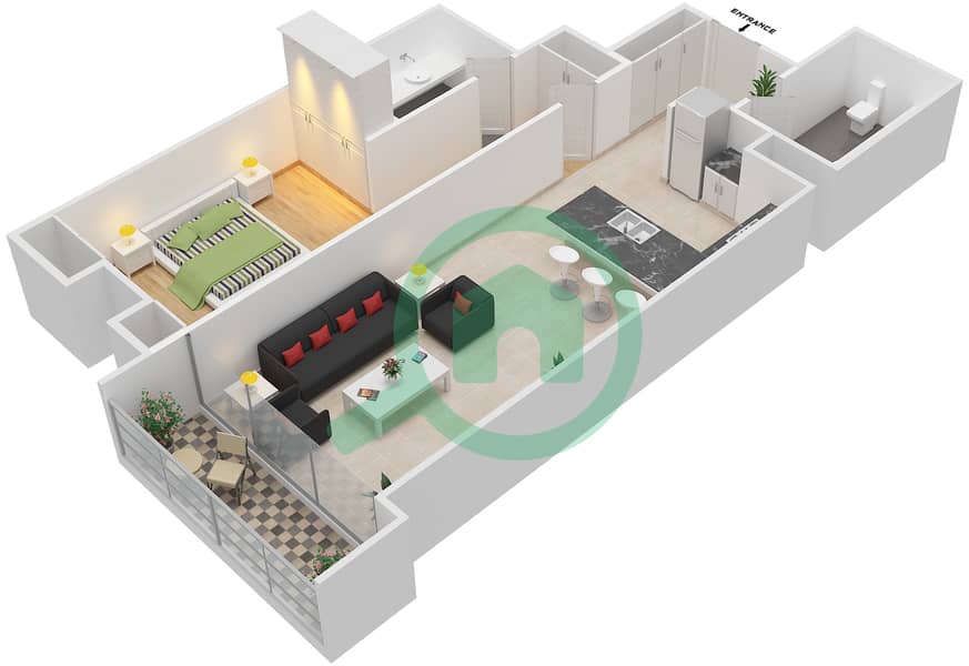 المخططات الطابقية لتصميم الوحدة 9 FLOOR 16 شقة 1 غرفة نوم - دافوليو Floor 16 interactive3D
