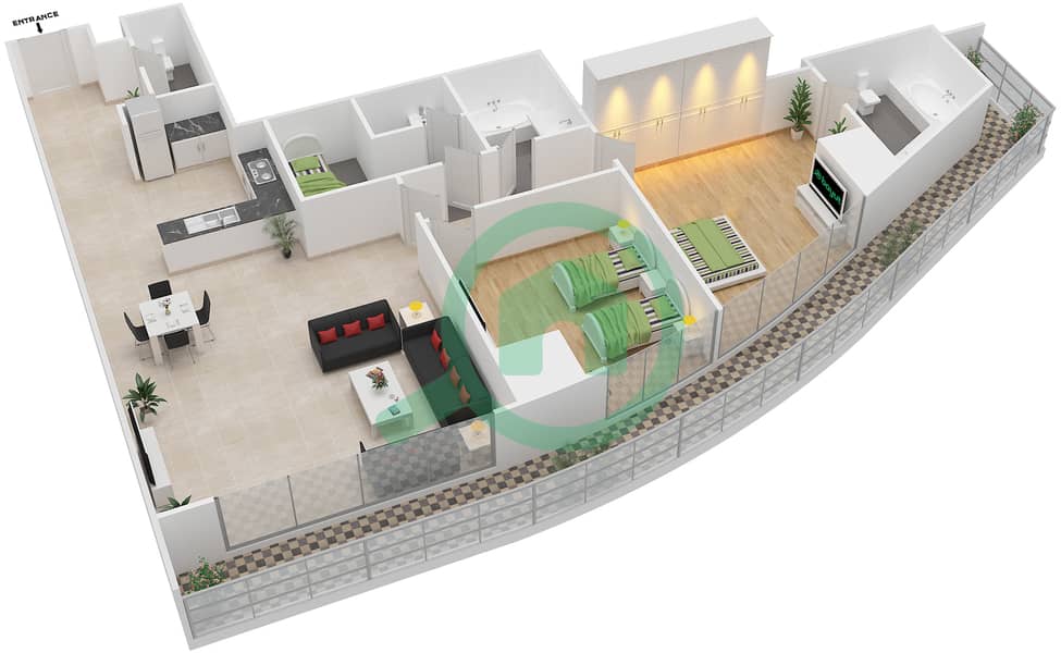 المخططات الطابقية لتصميم الوحدة 6 FLOOR 16 شقة 2 غرفة نوم - دافوليو Floor 16 interactive3D