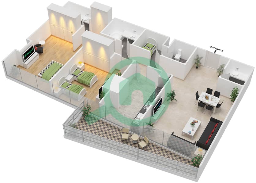 المخططات الطابقية لتصميم الوحدة 4 FLOOR 16 شقة 2 غرفة نوم - دافوليو Floor 16 interactive3D