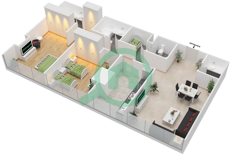 المخططات الطابقية لتصميم الوحدة 4 FLOOR 8 شقة 2 غرفة نوم - دافوليو Floor 8 interactive3D