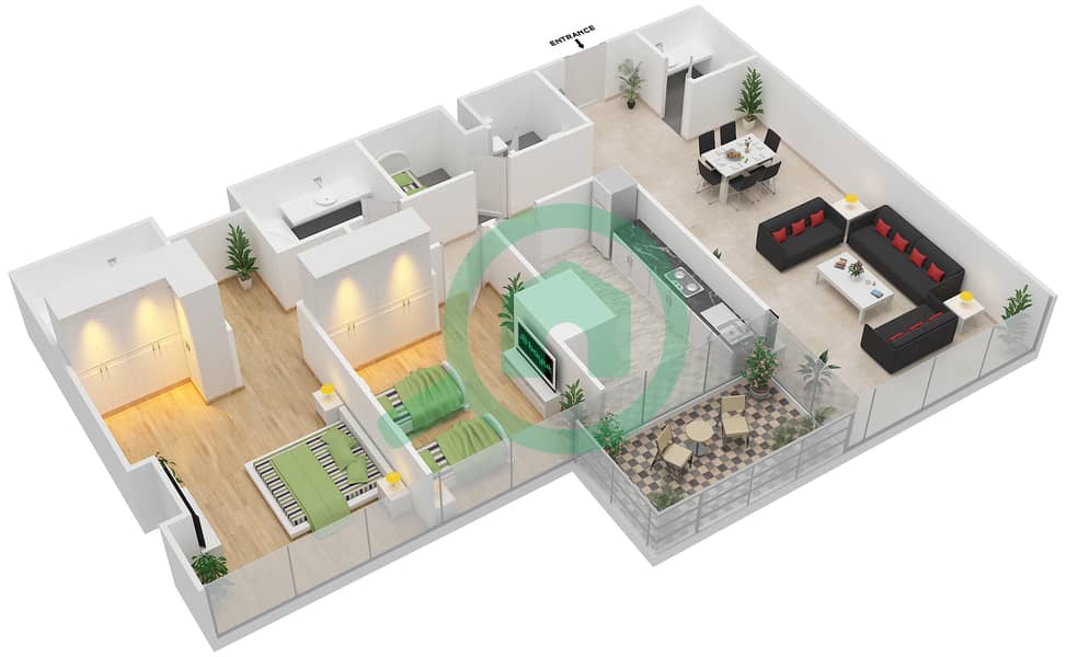 المخططات الطابقية لتصميم الوحدة 4 FLOOR P3,4-6,9-15 شقة 2 غرفة نوم - دافوليو Floor P3,4-6,9-15 interactive3D