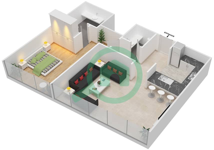 المخططات الطابقية لتصميم الوحدة 2 FLOOR 8 شقة 1 غرفة نوم - دافوليو Floor 8 interactive3D