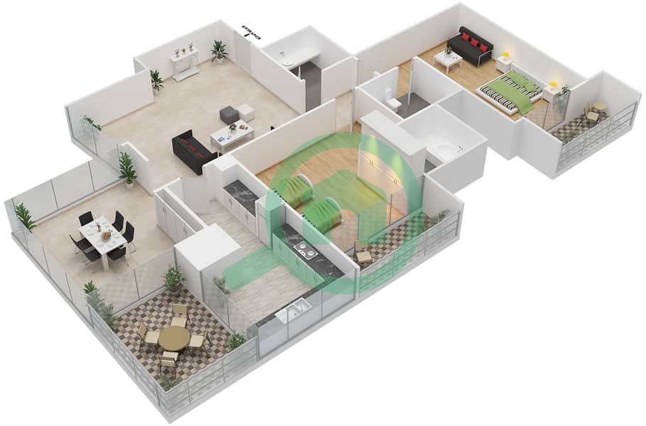 المخططات الطابقية لتصميم الوحدة 1 FLOOR 8 شقة 2 غرفة نوم - دافوليو Floor 8 interactive3D