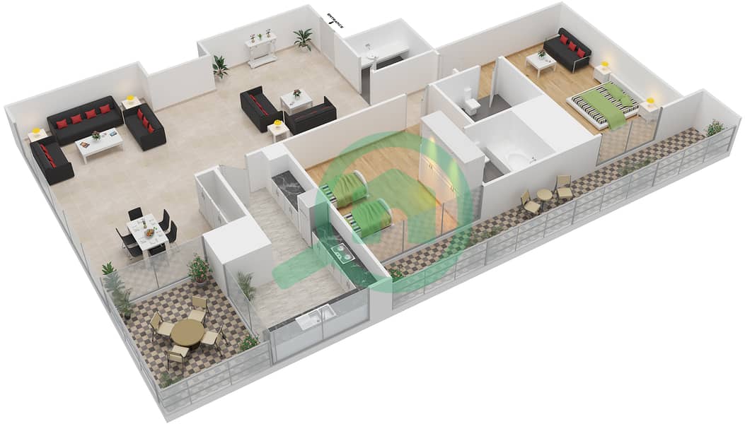المخططات الطابقية لتصميم الوحدة 1 FLOOR P3,4-6,9-15 شقة 2 غرفة نوم - دافوليو Floor P3,4-6,9-15 interactive3D