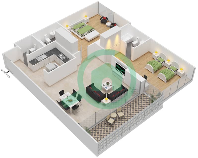 Капитал Бэй Тауэрс - Апартамент 2 Cпальни планировка Единица измерения 05 FLOOR 5,7,13,14 interactive3D