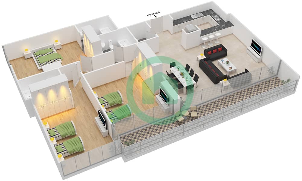 المخططات الطابقية لتصميم الوحدة 07 FLOOR 6,15 شقة 3 غرف نوم - أبراج كابيتال باي interactive3D