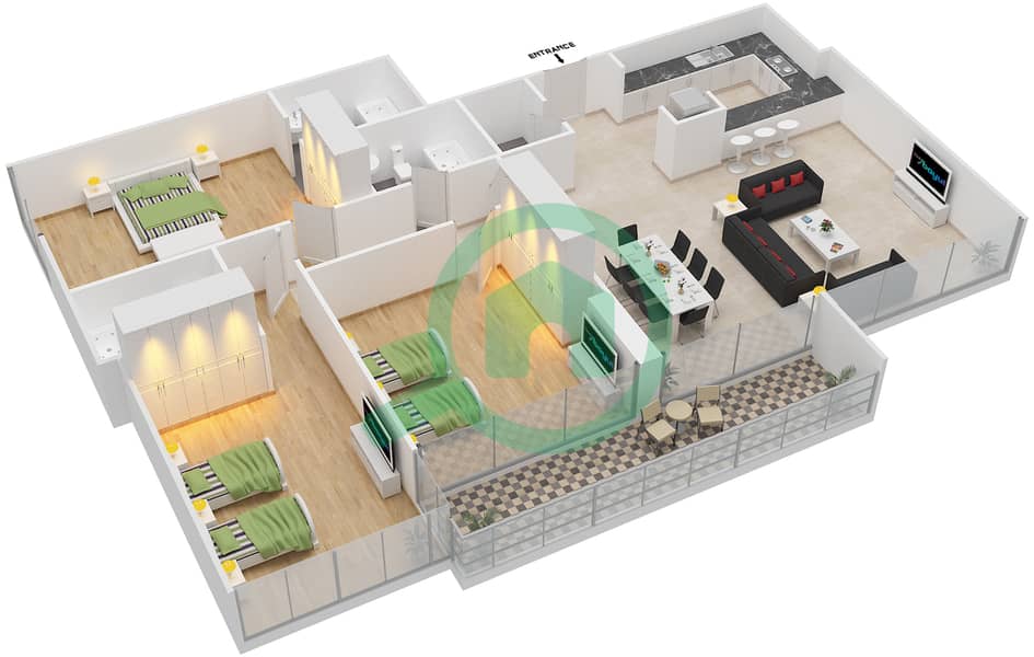 首都湾大厦 - 3 卧室公寓单位07 FLOOR 5,7,13,14戶型图 interactive3D