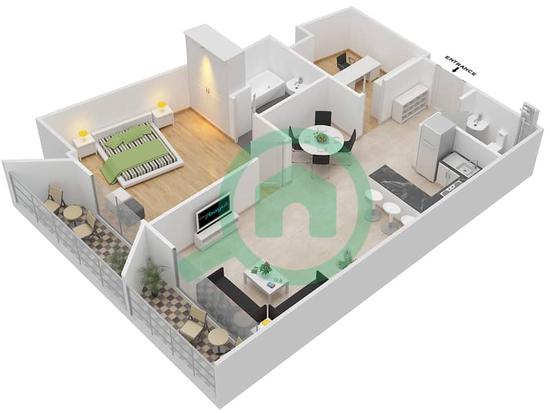 المخططات الطابقية لتصميم النموذج 2 شقة 1 غرفة نوم - برج ليليان interactive3D