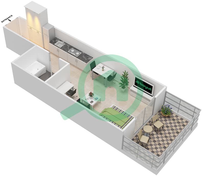 Elite Business Bay Residence - Studio Apartment Unit 2 Floor plan interactive3D