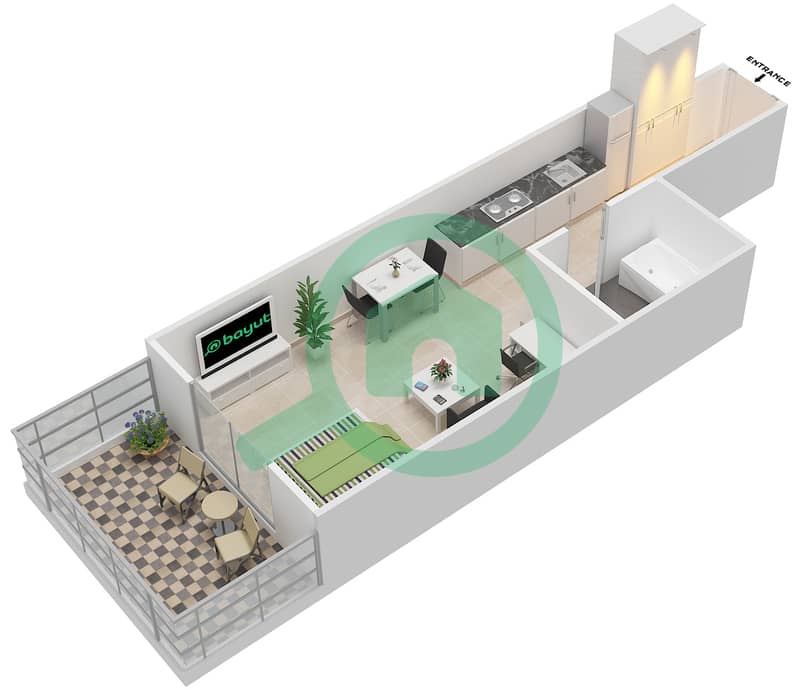 Elite Business Bay Residence - Studio Apartment Unit 3 Floor plan interactive3D