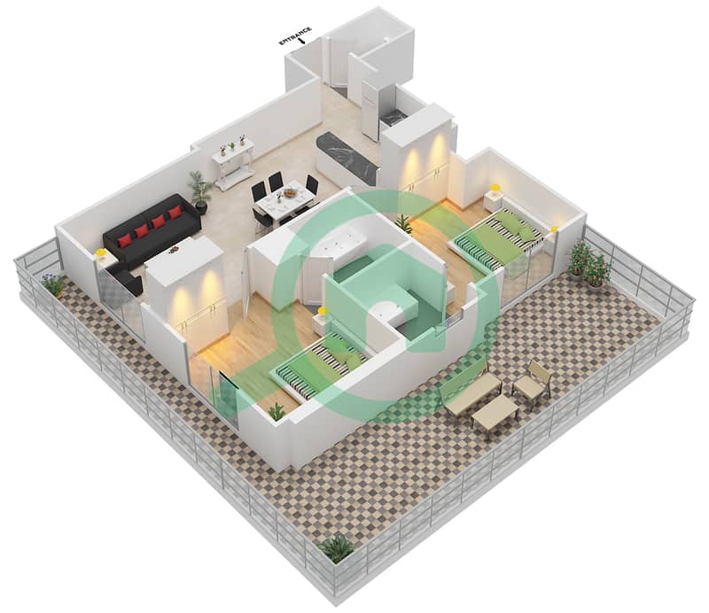 المخططات الطابقية لتصميم الوحدة 7 شقة 2 غرفة نوم - إيليت بيزنس باي ريزيدنس interactive3D