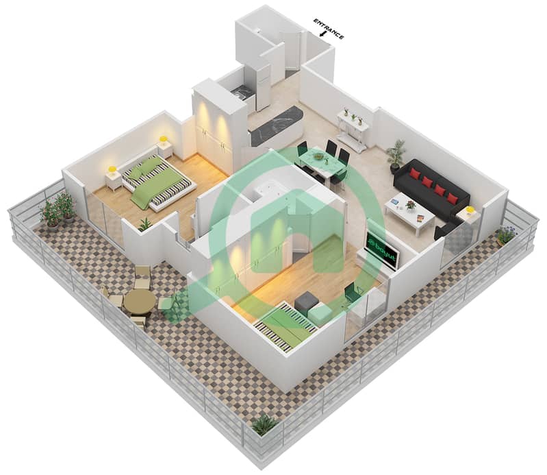 المخططات الطابقية لتصميم الوحدة 9 شقة 2 غرفة نوم - إيليت بيزنس باي ريزيدنس interactive3D
