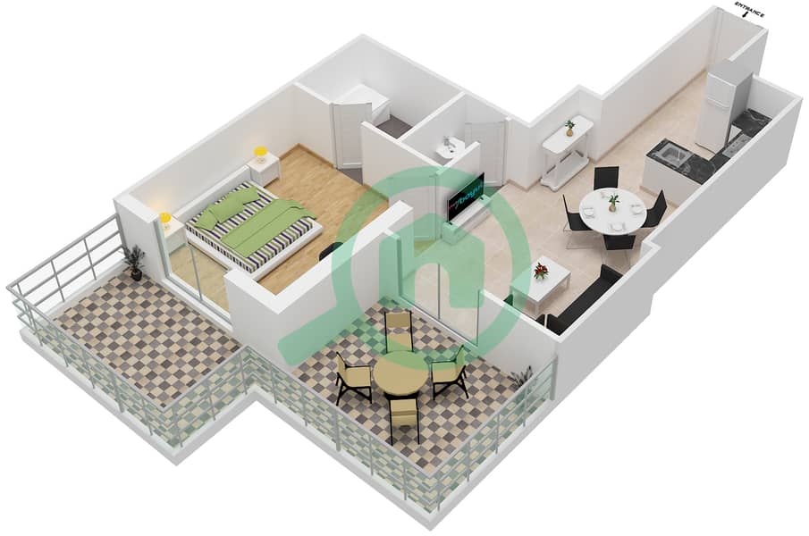المخططات الطابقية لتصميم الوحدة 10 شقة 1 غرفة نوم - إيليت بيزنس باي ريزيدنس interactive3D