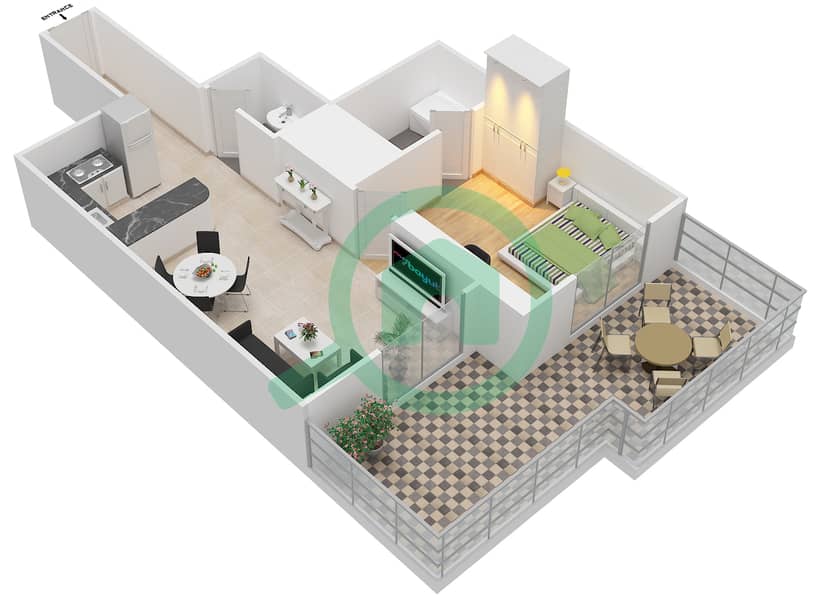 المخططات الطابقية لتصميم الوحدة 11 شقة 1 غرفة نوم - إيليت بيزنس باي ريزيدنس interactive3D