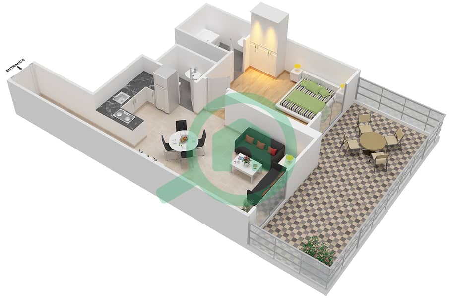 المخططات الطابقية لتصميم الوحدة 13 شقة 1 غرفة نوم - إيليت بيزنس باي ريزيدنس interactive3D