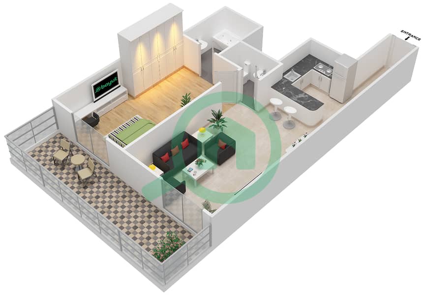 المخططات الطابقية لتصميم الوحدة 14 شقة 1 غرفة نوم - إيليت بيزنس باي ريزيدنس interactive3D