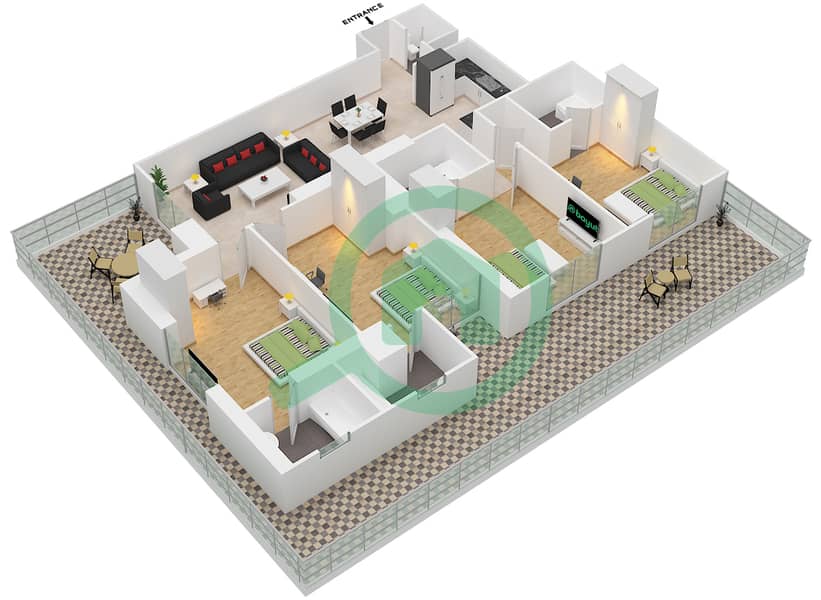 精英商务湾公寓 - 4 卧室公寓单位16戶型图 interactive3D