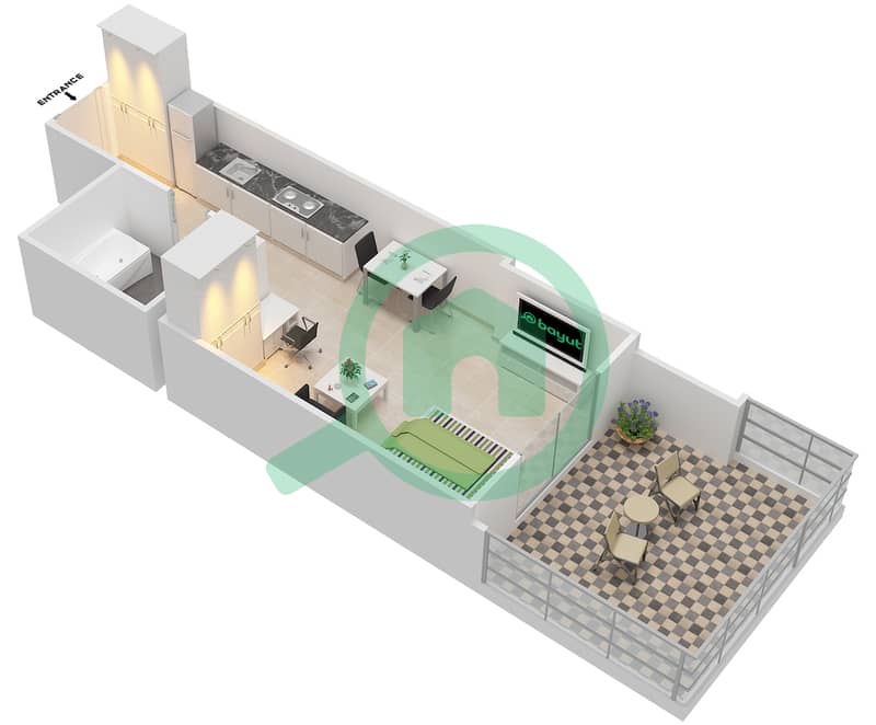 المخططات الطابقية لتصميم الوحدة 19 شقة استوديو - إيليت بيزنس باي ريزيدنس interactive3D