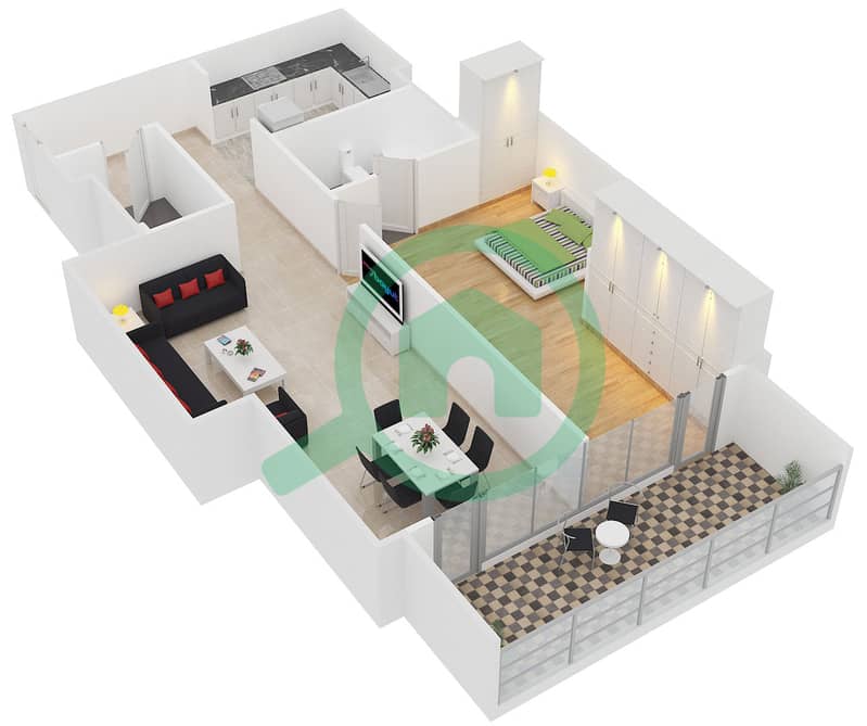 المخططات الطابقية لتصميم النموذج 7 شقة 1 غرفة نوم - برج سابا 2 interactive3D
