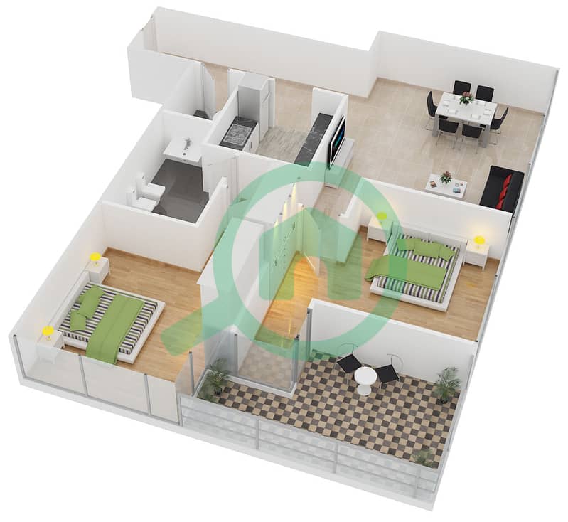 المخططات الطابقية لتصميم النموذج 8 شقة 2 غرفة نوم - برج سابا 2 interactive3D