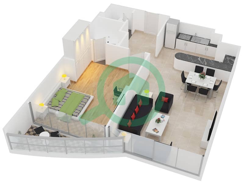 المخططات الطابقية لتصميم النموذج 9 شقة 1 غرفة نوم - برج سابا 2 interactive3D