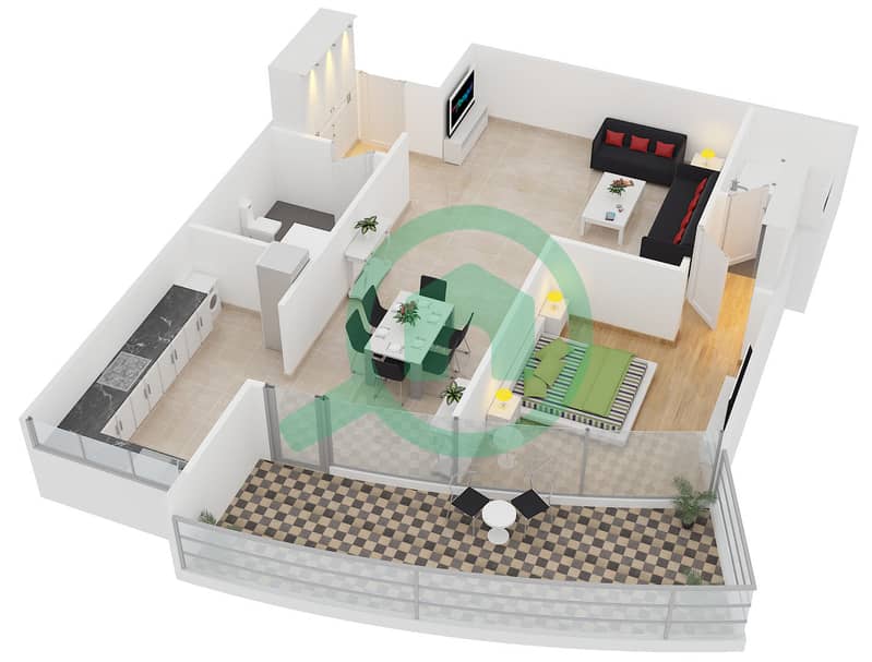 المخططات الطابقية لتصميم النموذج 12A شقة 1 غرفة نوم - برج سابا 2 interactive3D