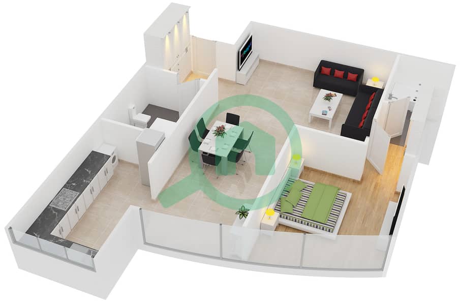 المخططات الطابقية لتصميم النموذج 12B شقة 1 غرفة نوم - برج سابا 2 interactive3D