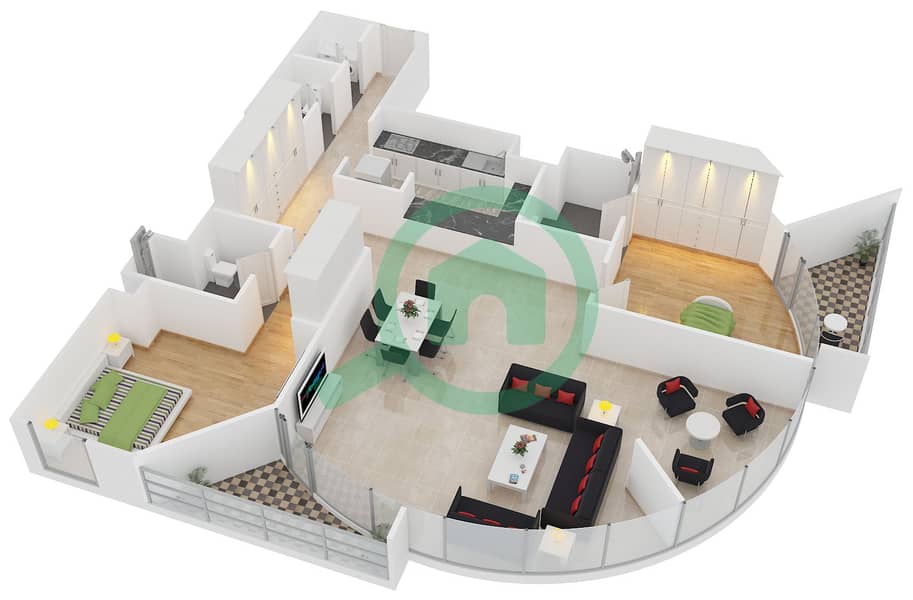 المخططات الطابقية لتصميم النموذج 6 شقة 2 غرفة نوم - برج سابا 2 interactive3D