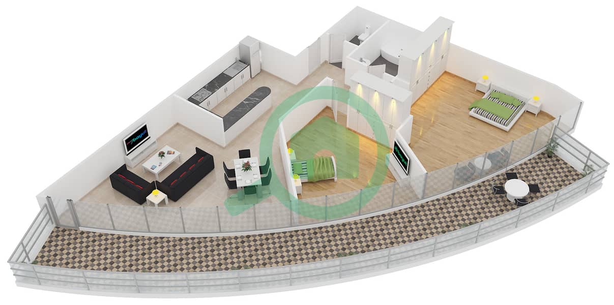 المخططات الطابقية لتصميم النموذج 11A شقة 2 غرفة نوم - برج سابا 2 interactive3D