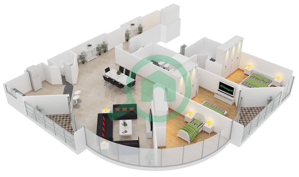 المخططات الطابقية لتصميم النموذج 18 شقة 3 غرف نوم - برج سابا 2 interactive3D