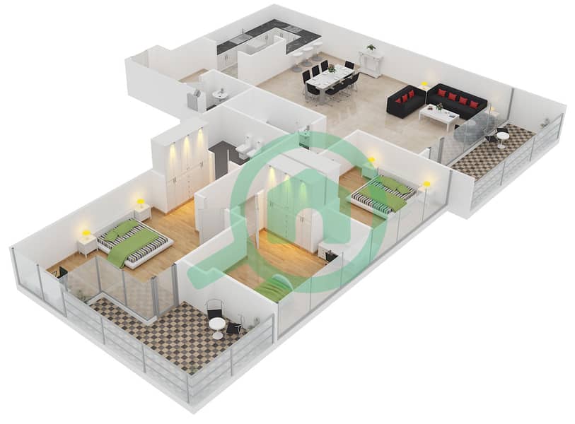 المخططات الطابقية لتصميم النموذج 19 شقة 3 غرف نوم - برج سابا 2 interactive3D