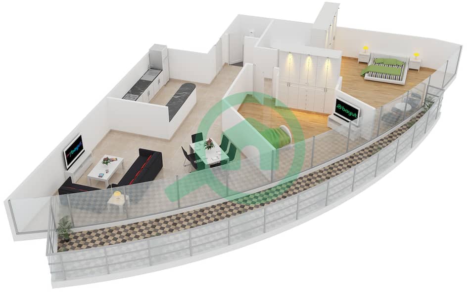 المخططات الطابقية لتصميم النموذج 11B شقة 2 غرفة نوم - برج سابا 2 interactive3D