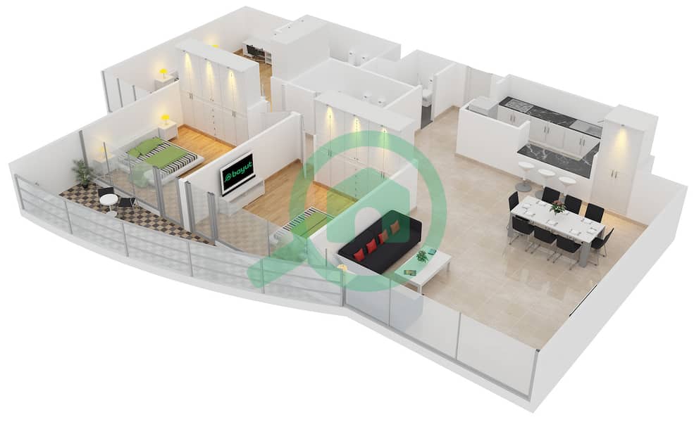 المخططات الطابقية لتصميم النموذج 20 شقة 3 غرف نوم - برج سابا 2 interactive3D
