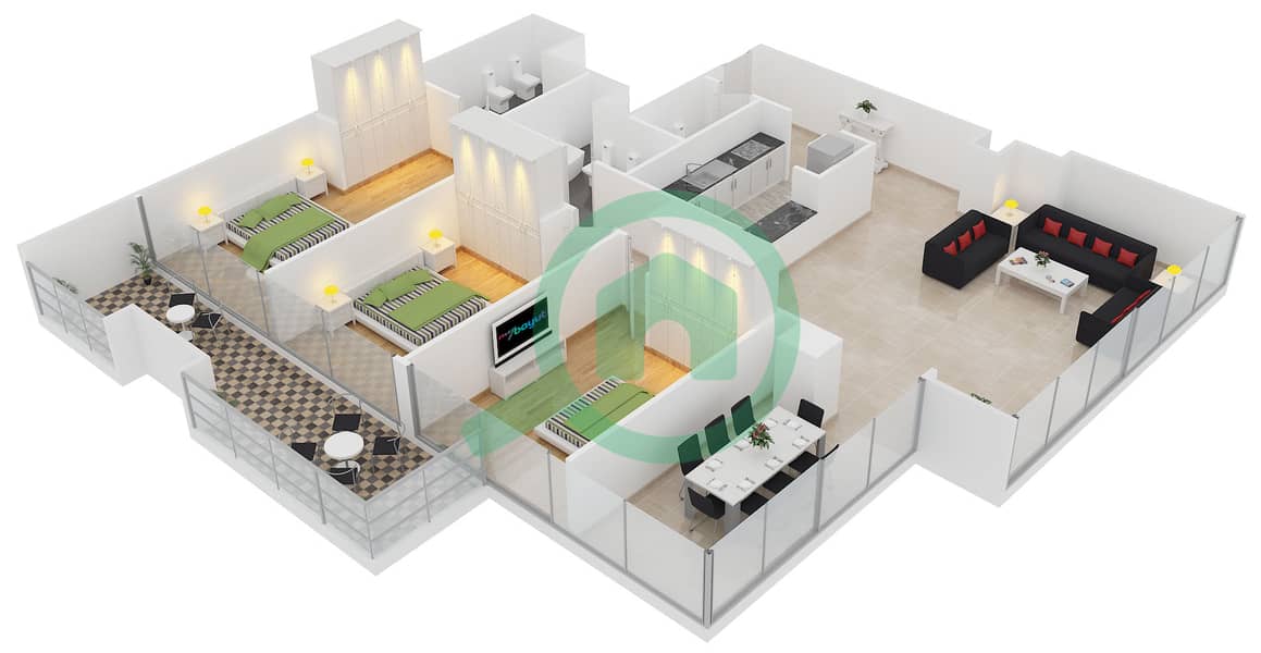 المخططات الطابقية لتصميم النموذج 22 شقة 3 غرف نوم - برج سابا 2 interactive3D