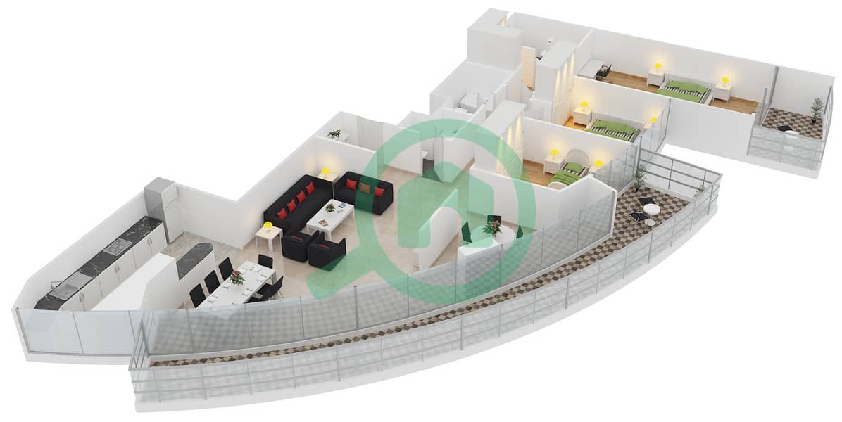 المخططات الطابقية لتصميم النموذج 28 شقة 3 غرف نوم - برج سابا 2 interactive3D
