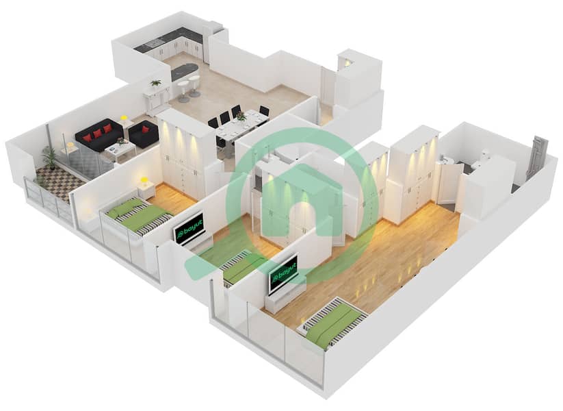 المخططات الطابقية لتصميم النموذج 23 شقة 3 غرف نوم - برج سابا 2 interactive3D