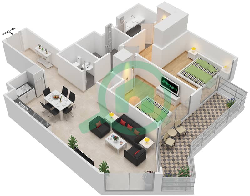 Урбан Оазис от Миссони - Апартамент 2 Cпальни планировка Единица измерения 1,6 / FLOOR 16-23 Floor 16-23 interactive3D