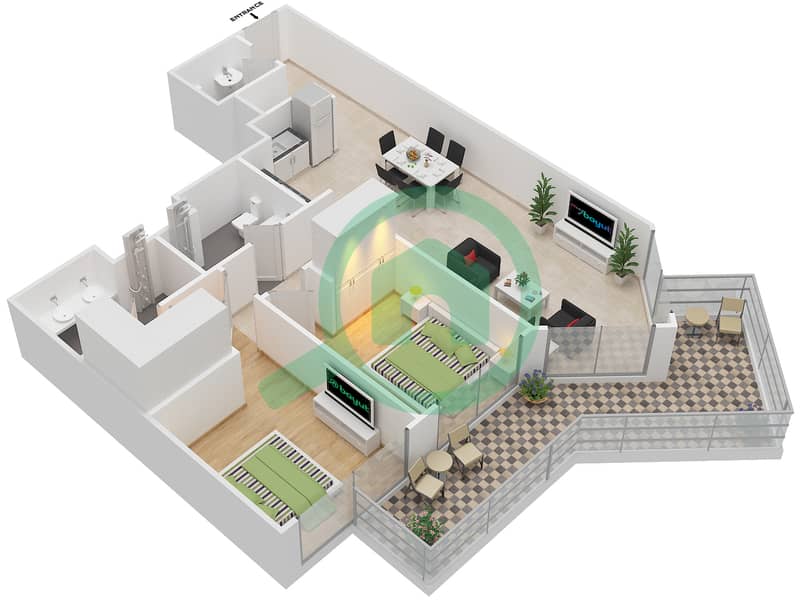 Урбан Оазис от Миссони - Апартамент 2 Cпальни планировка Единица измерения 2,5 / FLOOR 2-14 Floor 2-14 interactive3D
