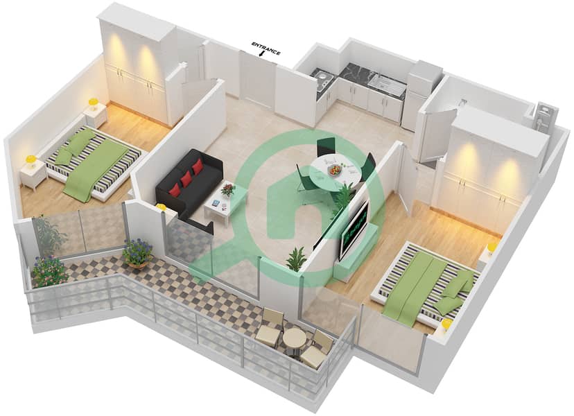 Урбан Оазис от Миссони - Апартамент 2 Cпальни планировка Единица измерения 7,10 / FLOOR 25-29 Floor 25-29 interactive3D