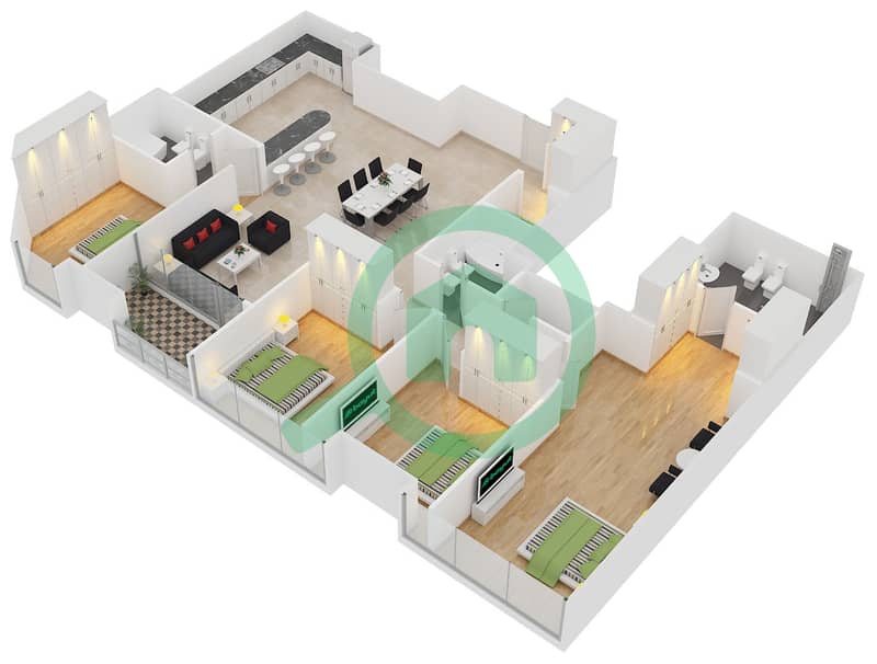 المخططات الطابقية لتصميم النموذج 26 شقة 4 غرف نوم - برج سابا 2 interactive3D