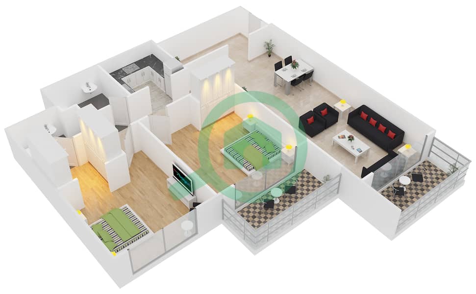 Фэйрвью Резиденции - Апартамент 2 Cпальни планировка Тип/мера F /2,4,6,8 interactive3D