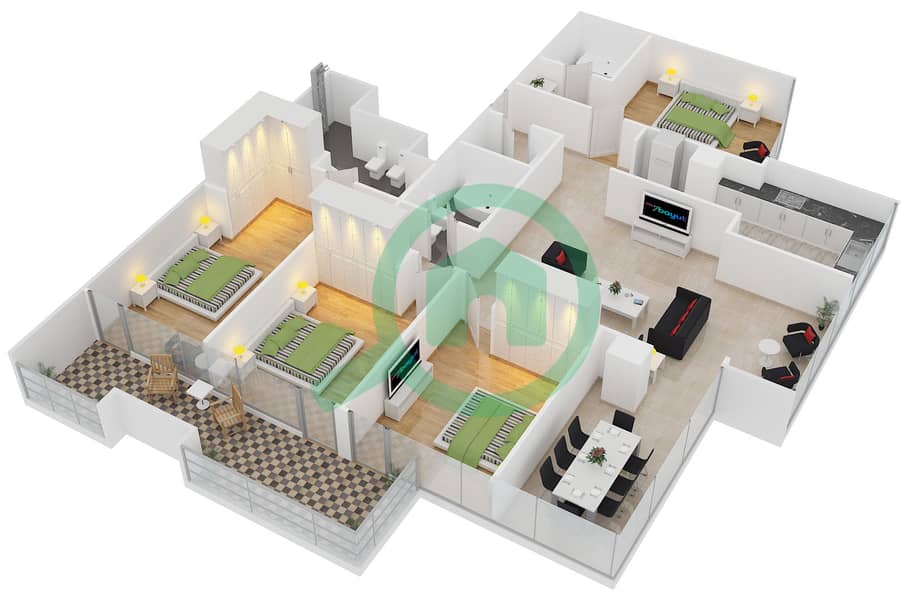 Саба Тауэр 2 - Апартамент 4 Cпальни планировка Тип 27 interactive3D