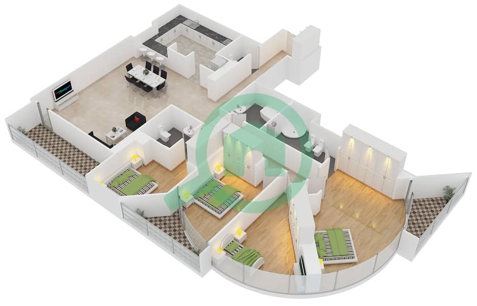 Саба Тауэр 2 - Апартамент 4 Cпальни планировка Тип 25 interactive3D
