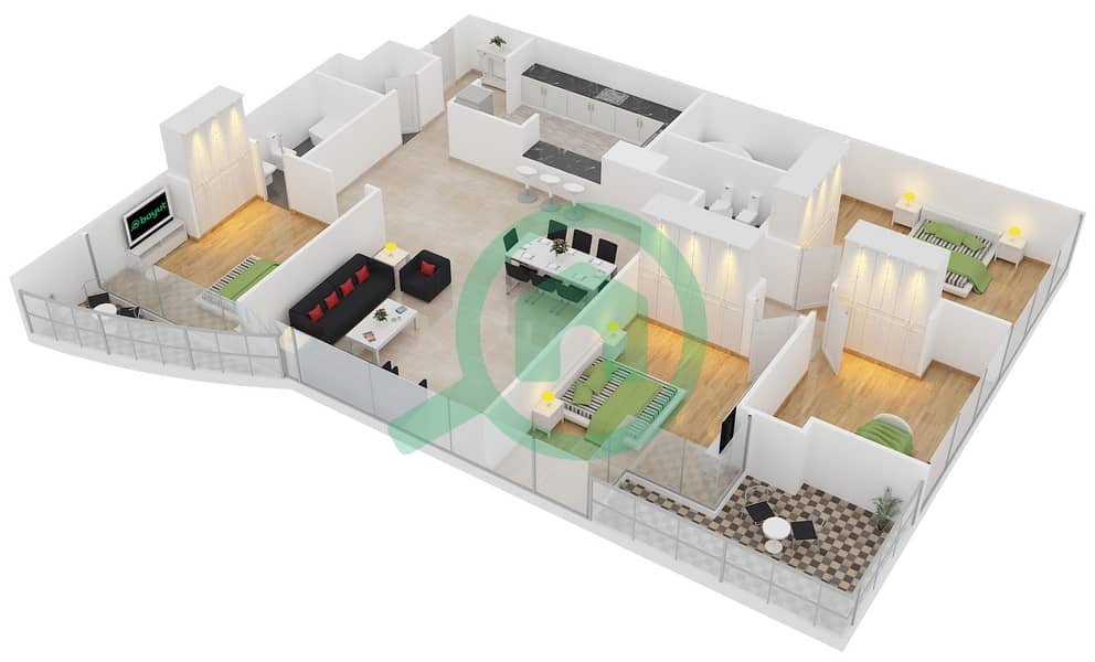 Саба Тауэр 2 - Апартамент 4 Cпальни планировка Тип 29 interactive3D
