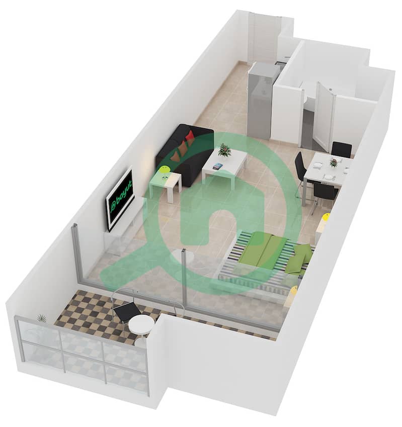 المخططات الطابقية لتصميم النموذج 2 شقة استوديو - برج سابا 2 interactive3D