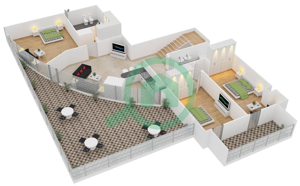 المخططات الطابقية لتصميم النموذج 32 بنتهاوس 4 غرف نوم - برج سابا 2 interactive3D