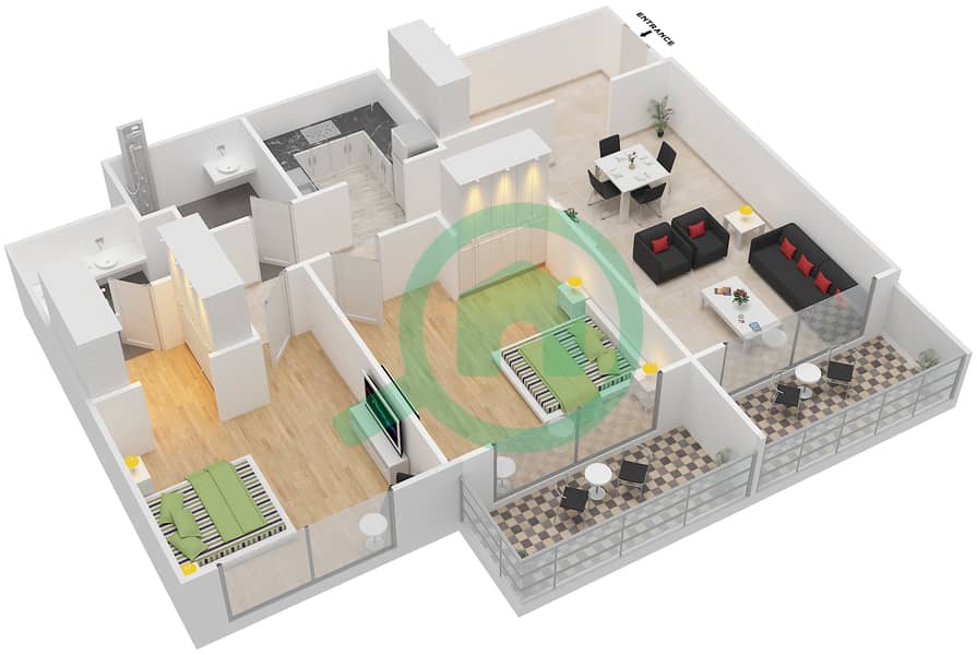 锦绣华庭 - 2 卧室公寓类型／单位H /2,4,6,8戶型图 interactive3D