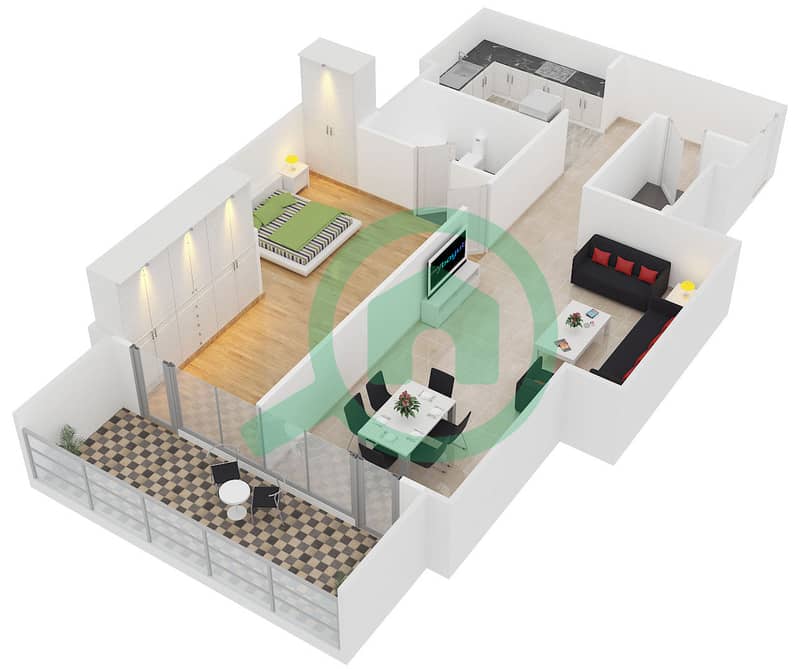 Саба Тауэр 3 - Апартамент 1 Спальня планировка Тип 7 interactive3D